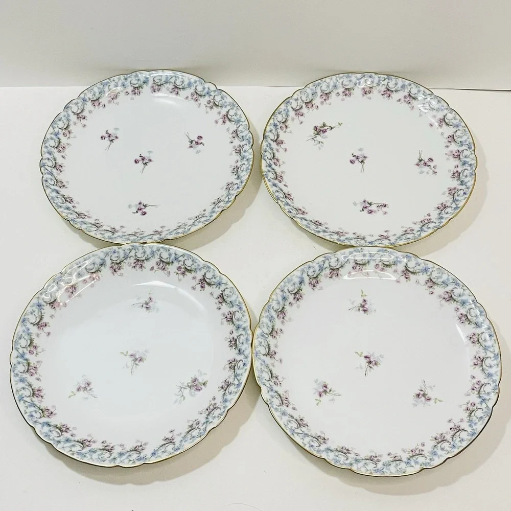 Set of 4 JPL Jean Pouyat Limoges‎ France Pink Blue Garland Floral Plates 8.5
